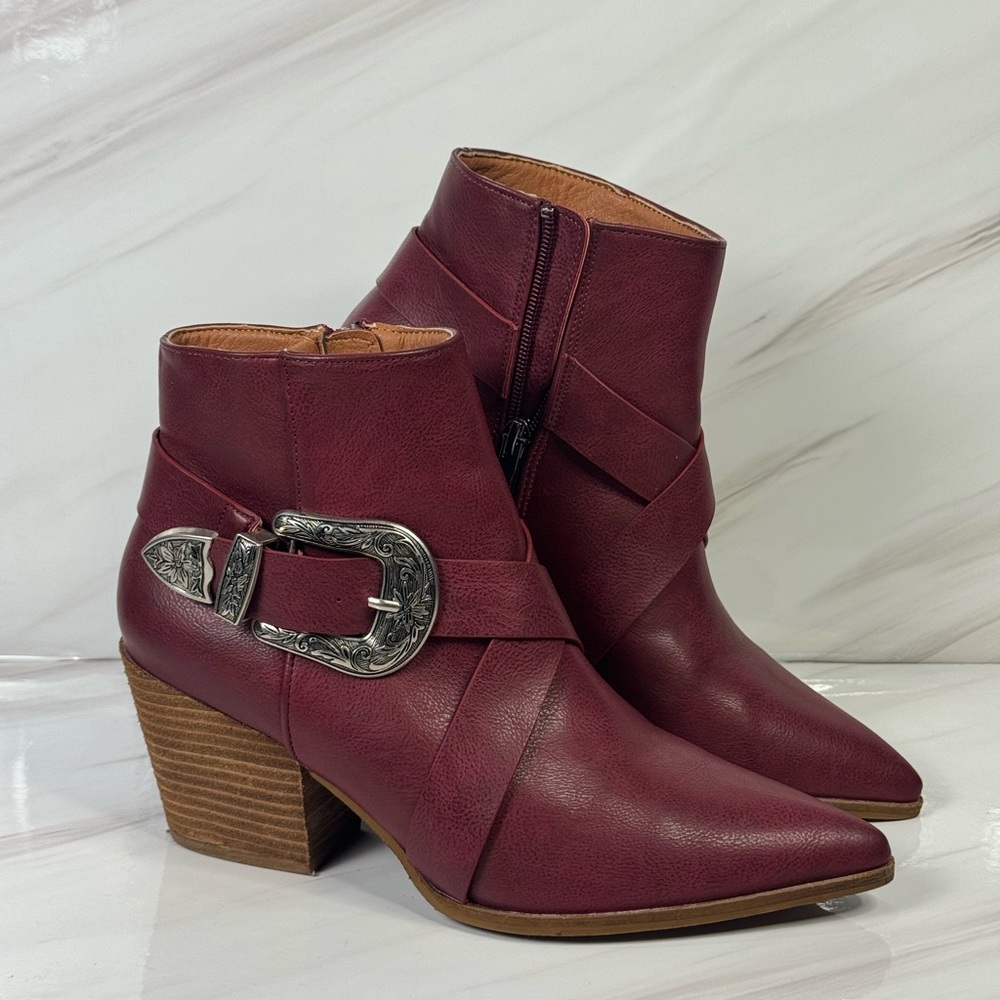 BEAST FASHION Maroon Ankle Boots with Decorative Buckle
